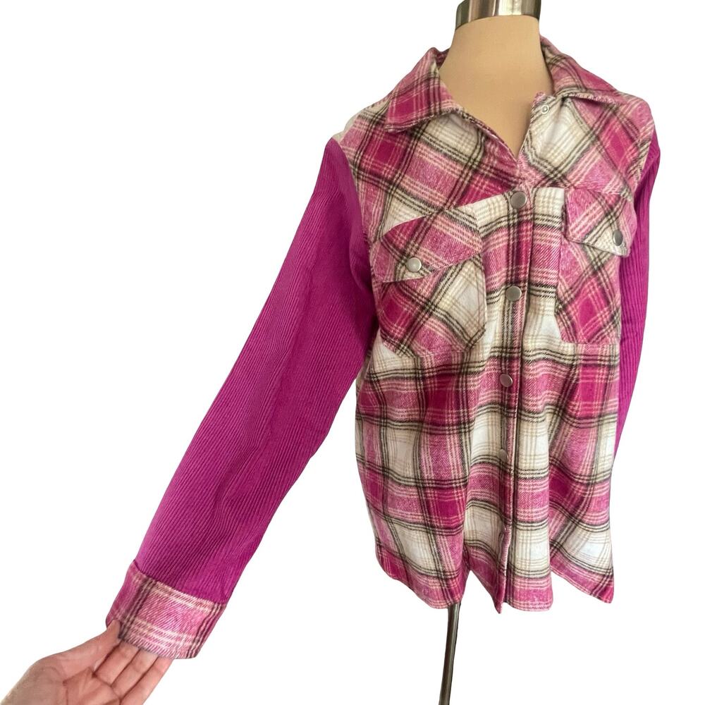Umgee Bright Pink & White Plaid Corduroy Shacket Size L Fringed Boho Festival - Picture 6 of 11